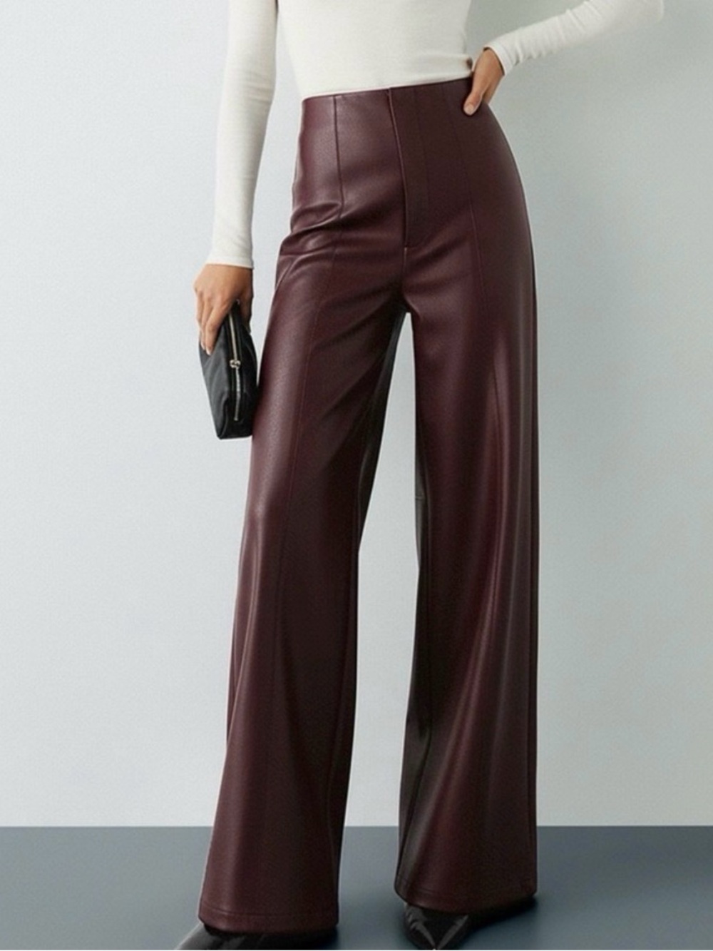 Commense High-Wist PU Leather Wide-Leg Pants burgundy